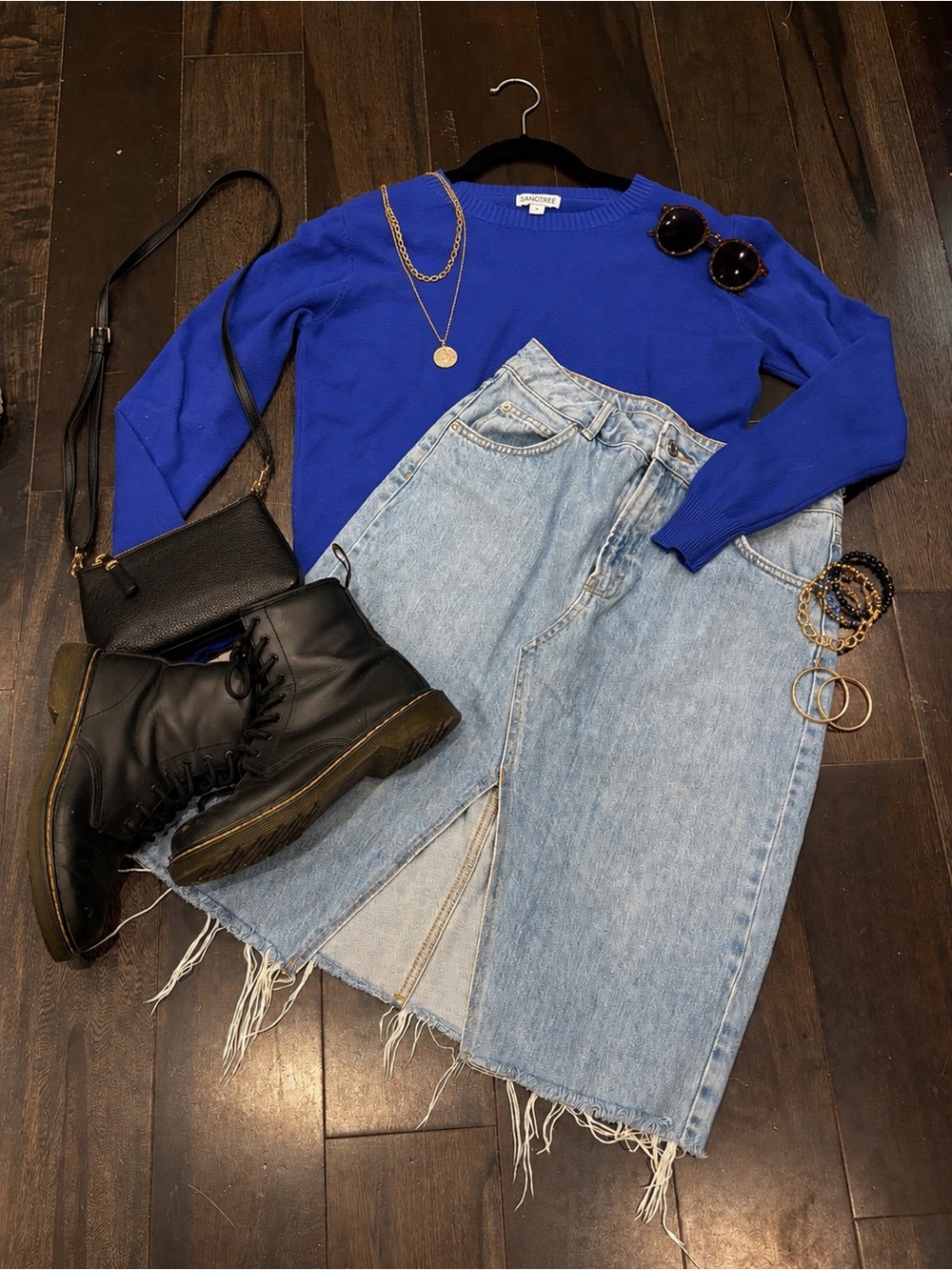 Topshop Light Wash Denim Midi Skirt with Raw Hem